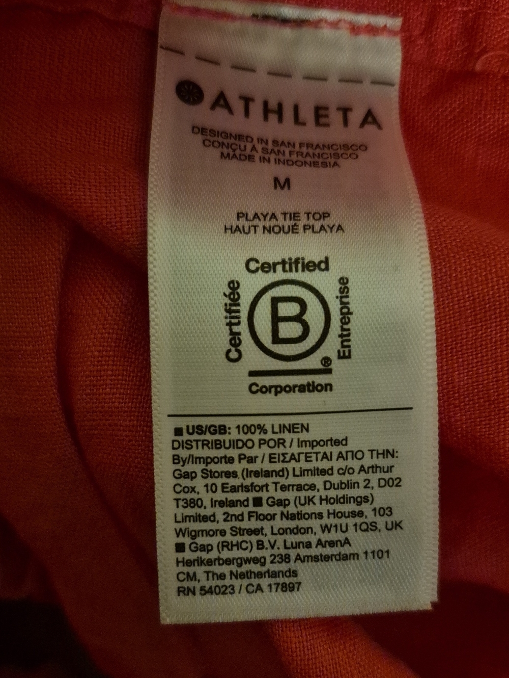 Athleta NWT Playa 100% LINEN Tie Top In Passion Fruit Medium - Picture 8 of 8